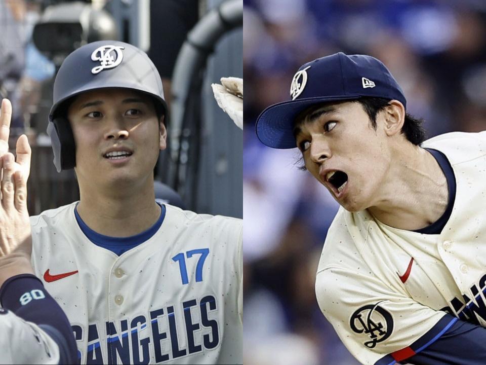 ３打席連続出塁の大谷（左）と初勝利を挙げた佐々木（提供・共同通信社）