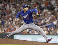 　アストロズ戦に先発登板したドジャース・大谷。７回を４安打２失点と好投したが２敗目を喫した＝ヒューストン（共同）
