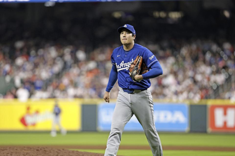 　アストロズ戦に先発登板し、７回を投げ終えたドジャース・大谷＝ヒューストン（共同）