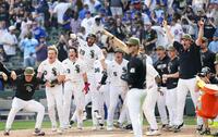 １０回、逆転サヨナラ２ランを放ったケーロを迎える村上（５）らナイン（共同）