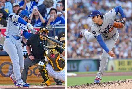 　パドレス戦に先発し、５回無失点の好投で４勝目を挙げたドジャース・大谷。打者では１回に８号となる先頭打者本塁打を放った＝サンディエゴ（共同）