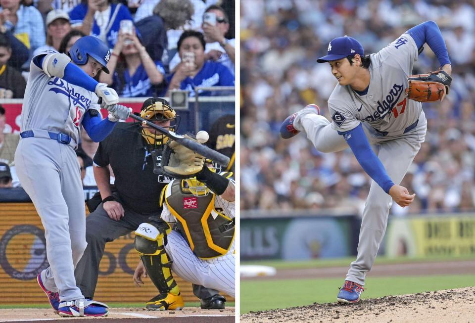 　パドレス戦に先発し、５回無失点の好投で４勝目を挙げたドジャース・大谷。打者では１回に８号となる先頭打者本塁打を放った＝サンディエゴ（共同）