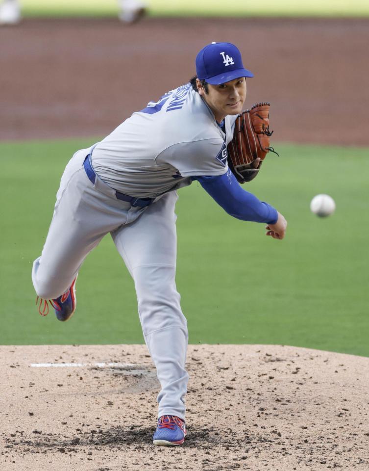 　パドレス戦に先発し、５回無失点の好投で４勝目を挙げたドジャース・大谷＝サンディエゴ（共同）