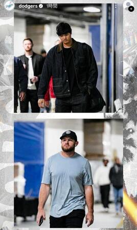 　球場入りする大谷とマンシー。ドジャースのインスタグラム（ｄｏｄｇｅｒｓ）より