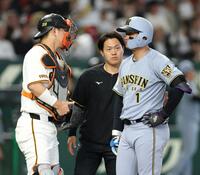 １回、死球を受け、大城（左）を見る森下（撮影・伊藤笙子）