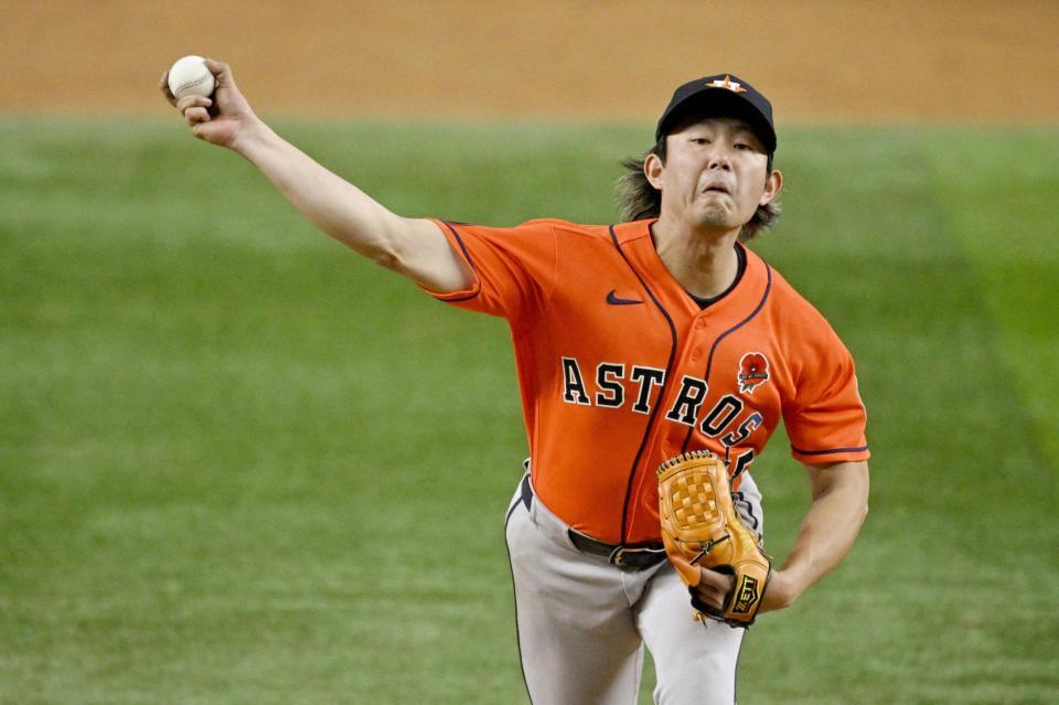 　レンジャーズ戦に先発し、６回無安打無失点で２勝目を挙げたアストロズ・今井＝アーリントン（ロイター＝共同）