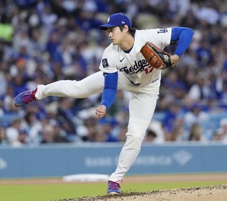 　ロッキーズ戦に先発登板し、６回１失点で５勝目を挙げたドジャース・大谷＝ロサンゼルス（共同）