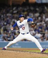 　ロッキーズ戦に先発登板し、６回１失点で５勝目を挙げたドジャース・大谷＝ロサンゼルス（共同）