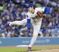 　ロッキーズ戦に先発登板し、６回１失点で５勝目を挙げたドジャース・大谷＝ロサンゼルス（共同）