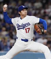 　ロッキーズ戦に先発登板し、６回１失点で５勝目を挙げたドジャース・大谷＝ロサンゼルス（共同）