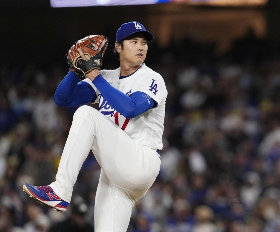 　ロッキーズ戦に先発登板し、６回１失点で５勝目を挙げたドジャース・大谷＝ロサンゼルス（共同）
