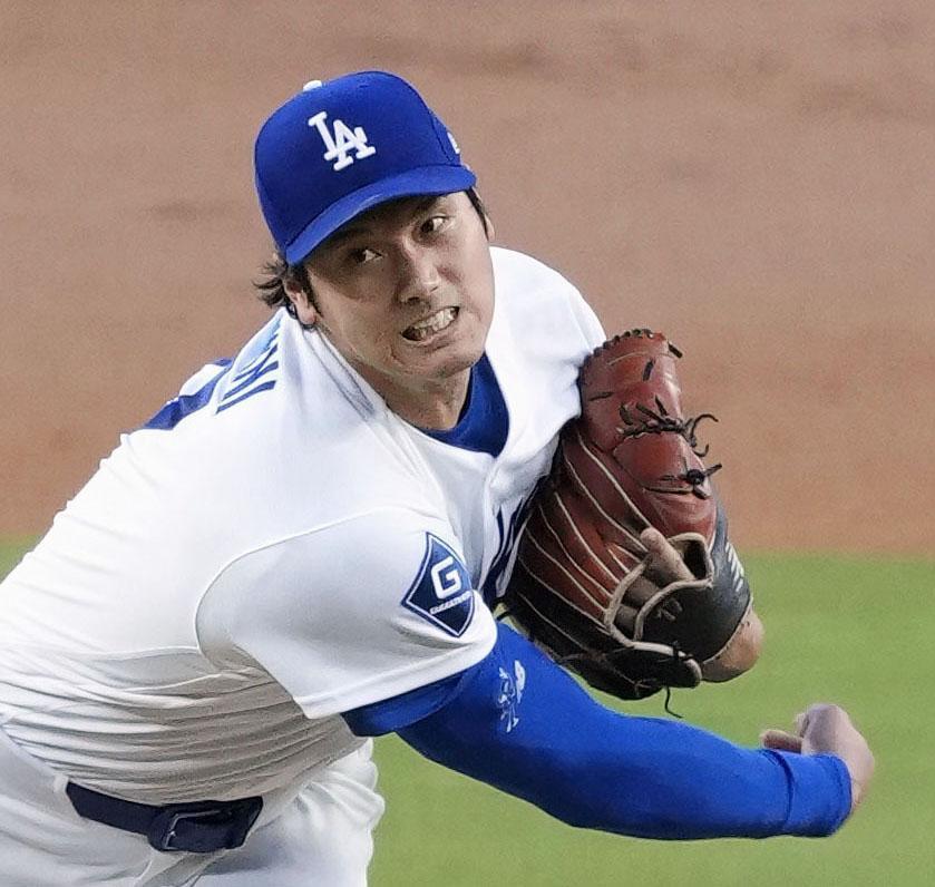 　ロッキーズ戦に先発登板し、６回１失点で５勝目を挙げたドジャース・大谷＝ロサンゼルス（共同）