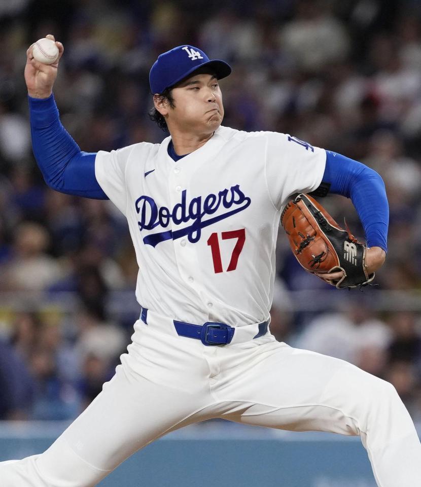 　ロッキーズ戦に先発登板し、６回１失点で５勝目を挙げたドジャース・大谷＝ロサンゼルス（共同）