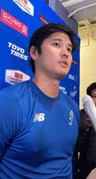 試合後、取材に応じるドジャース・大谷翔平（撮影・小林信行）
