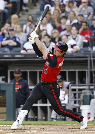 　タイガース戦の３回、二ゴロに倒れるホワイトソックス・村上＝シカゴ（共同）