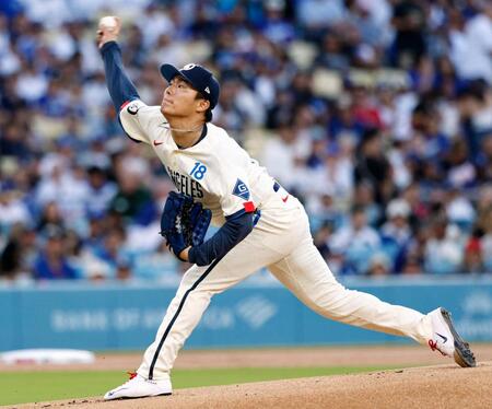 エンゼルス戦に先発したドジャース・山本＝ロサンゼルス（共同）