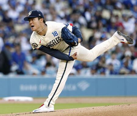 　エンゼルス戦に先発し、８回１失点で６勝目を挙げたドジャース・山本＝ロサンゼルス（共同）