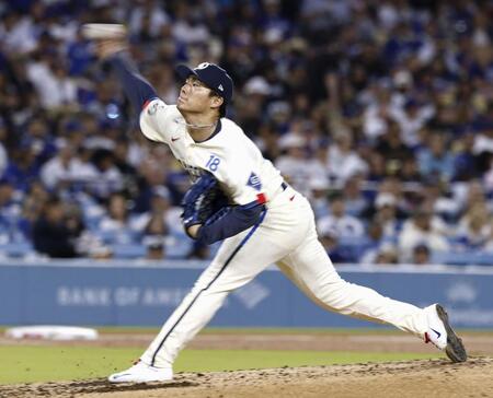 　エンゼルス戦に先発し、８回１失点で６勝目を挙げたドジャース・山本＝ロサンゼルス（共同）