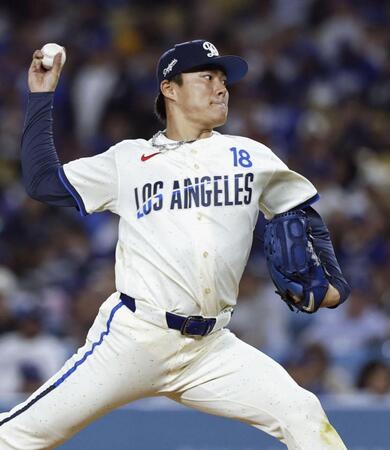 　エンゼルス戦に先発し、８回１失点で６勝目を挙げたドジャース・山本＝ロサンゼルス（共同）