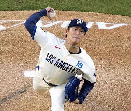 　エンゼルス戦に先発し、８回１失点で６勝目を挙げたドジャース・山本＝ロサンゼルス（共同）