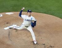 　エンゼルス戦に先発し、８回１失点で６勝目を挙げたドジャース・山本＝ロサンゼルス（共同）
