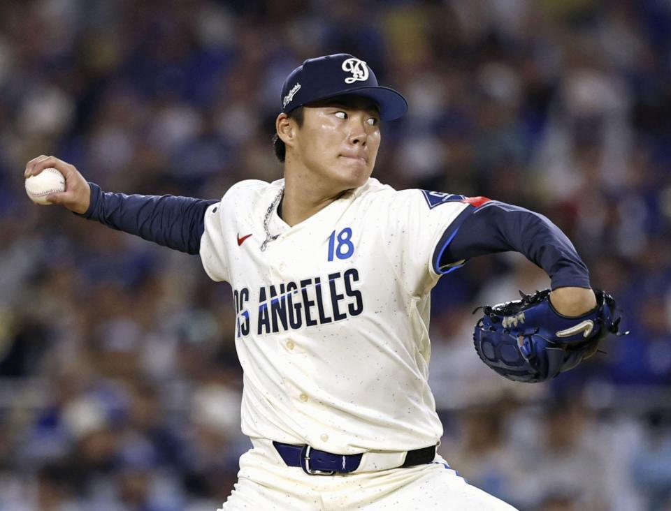 　エンゼルス戦に先発し、８回１失点で６勝目を挙げたドジャース・山本＝ロサンゼルス（共同）