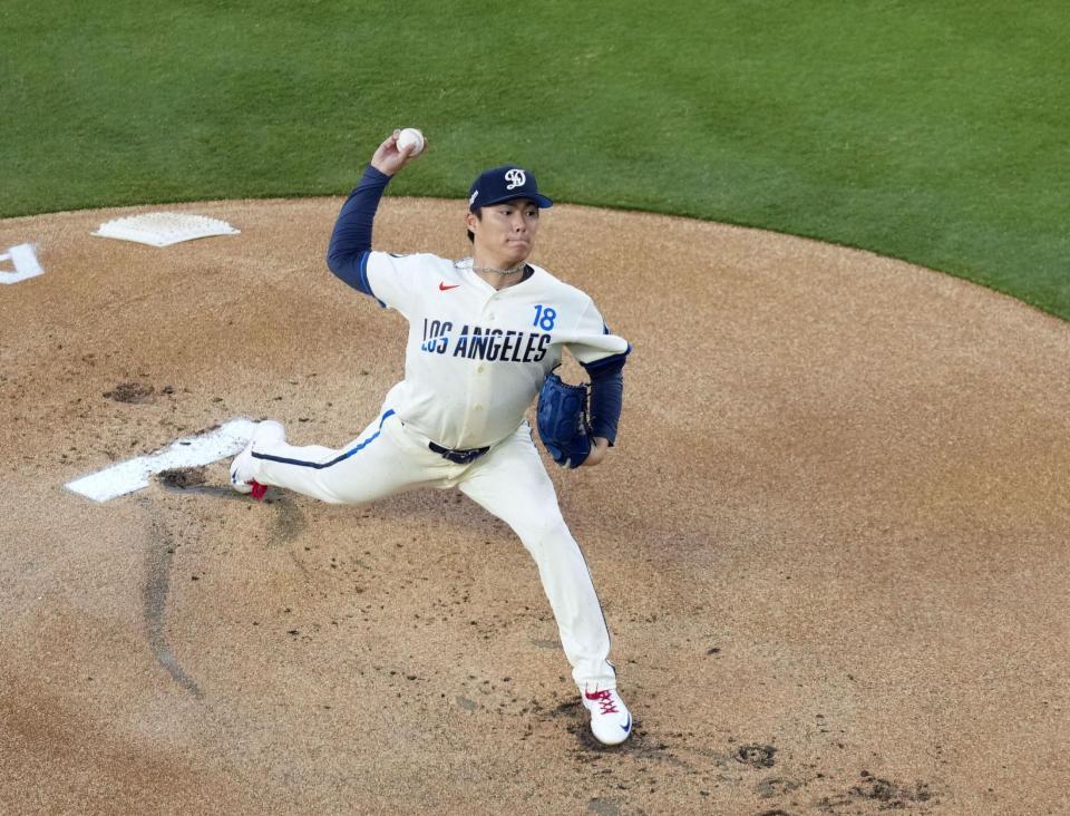 　エンゼルス戦に先発し、８回１失点で６勝目を挙げたドジャース・山本＝ロサンゼルス（共同）