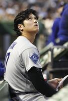 　パイレーツ戦の６回、ベンチで打球の行方を見つめるドジャース・大谷＝ピッツバーグ（共同）
