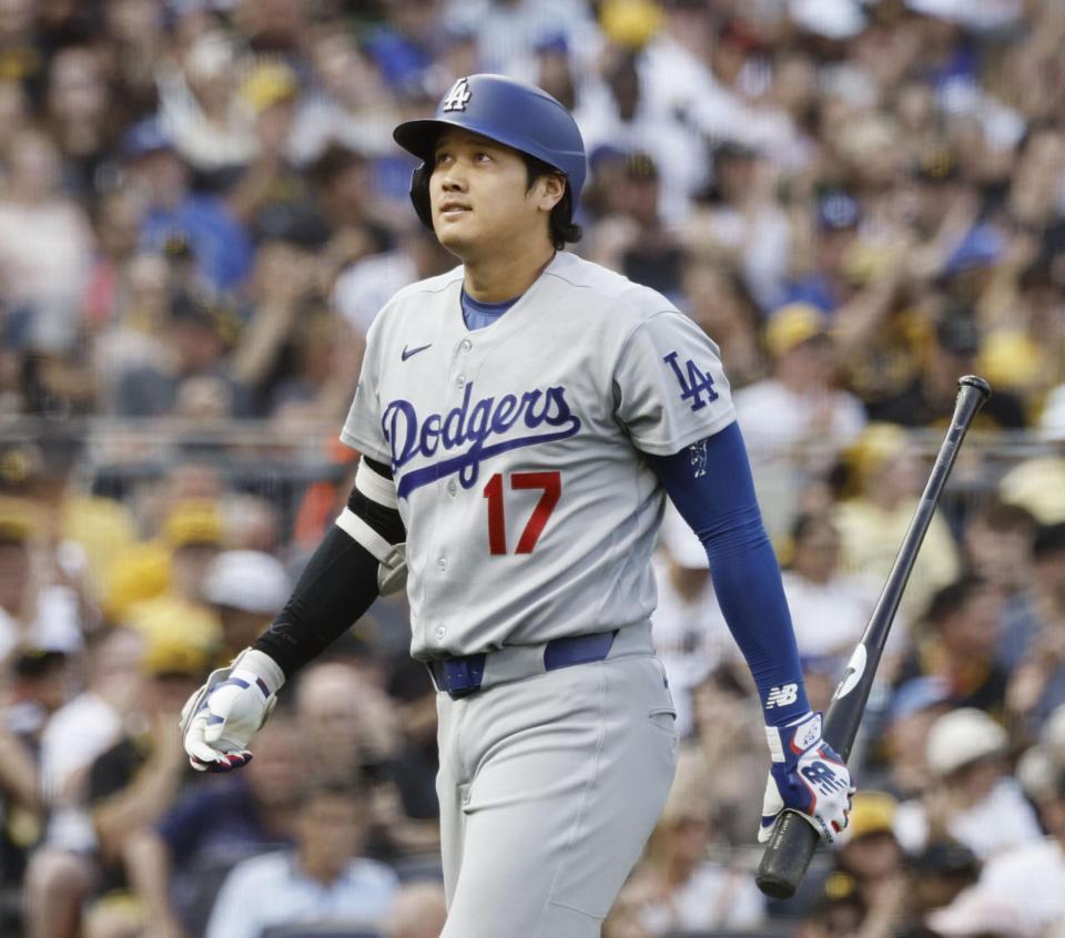 　パイレーツ戦の３回、空振り三振に倒れたドジャース・大谷＝ピッツバーグ（共同）