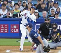 　レイズ戦の１回、右飛に倒れたドジャース・大谷＝ロサンゼルス（共同）