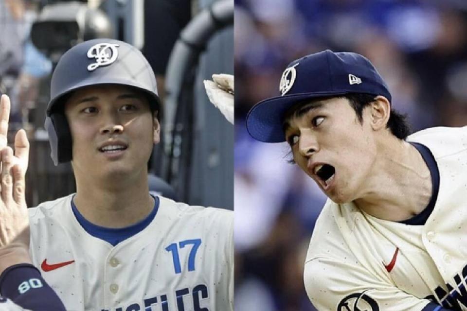 ドジャース・大谷翔平（左）、佐々木朗希（提供・共同通信社）