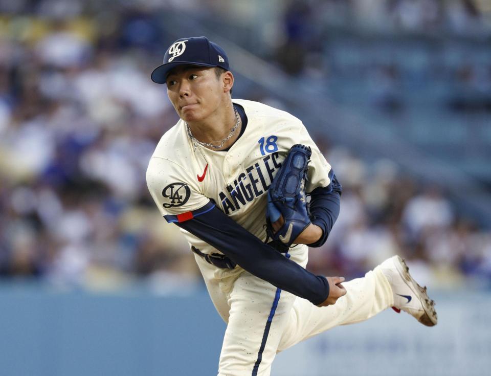 　ダイヤモンドバックス戦に先発したドジャース・山本。６回を５安打６失点で６敗目を喫した＝ロサンゼルス（共同）