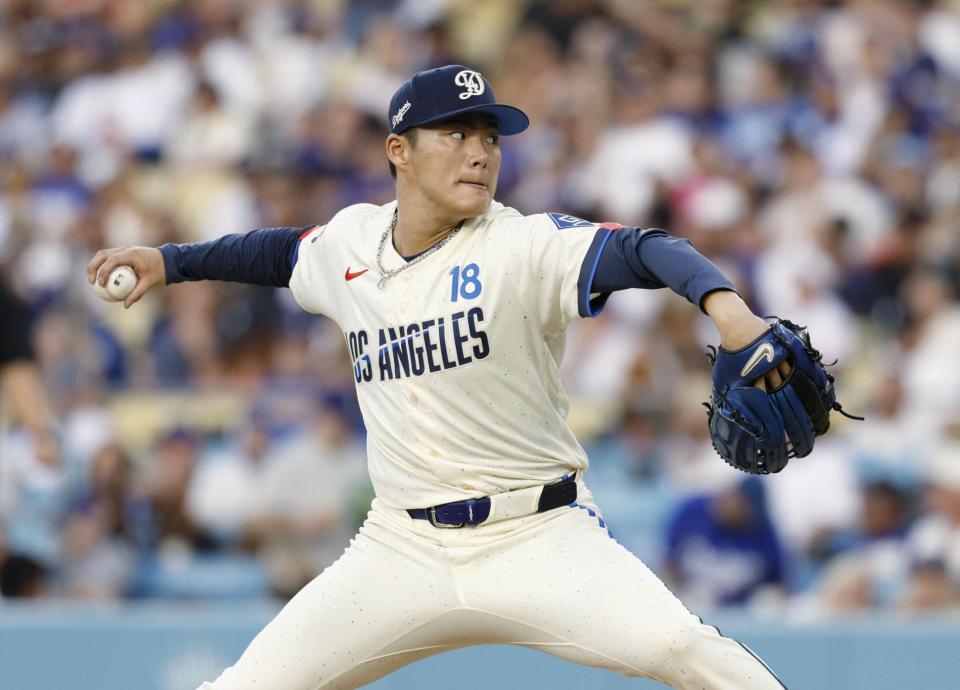 　ダイヤモンドバックス戦に先発したドジャース・山本＝ロサンゼルス（共同）