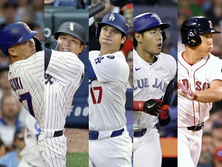 （左から）鈴木誠也、村上宗隆、大谷翔平、岡本和真、吉田正尚（提供・共同通信社）