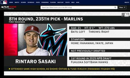 　佐々木がマーリンズから８巡目（全体２３５位）で指名されたことを伝えるＭＬＢのホームページ