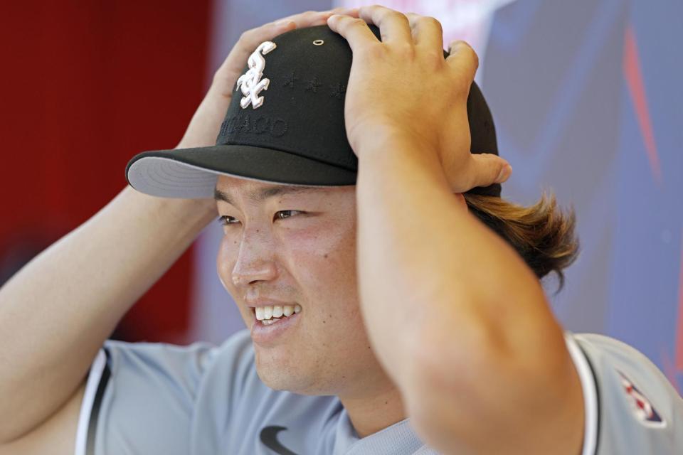 　オールスター戦の前日、取材に応じるホワイトソックス・村上＝フィラデルフィア（共同）