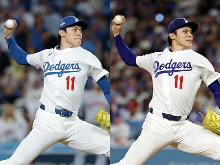 　左が昨季、右が今季の佐々木（ともに共同）