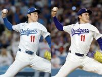 　左が昨季、右が今季の佐々木（ともに共同）