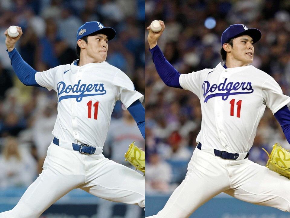 　左が昨季、右が今季の佐々木（ともに共同）