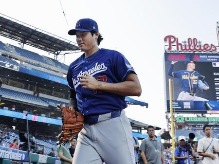 　練習を終えたドジャース・大谷＝フィラデルフィア（共同）