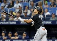 　レイズ戦の１回、中飛に倒れるホワイトソックス・村上＝セントピーターズバーグ（共同）