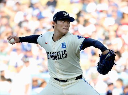 　レッドソックス戦に先発したドジャース・山本＝ロサンゼルス（共同）