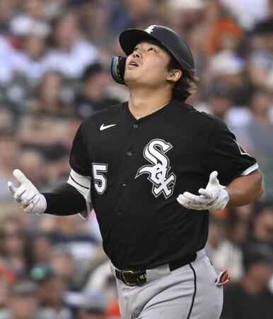 　タイガース戦の４回、27号ソロを放ち本塁前で天を見上げるホワイトソックス・村上＝デトロイト（共同）