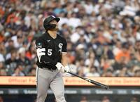　タイガース戦の４回、27号ソロを放ち打球の行方を見るホワイトソックス・村上＝デトロイト（共同）