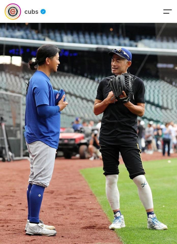 イチロー氏と言葉をかわす今永。カブスの公式インスタグラム（ｃｕｂｓ）より