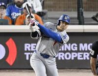 　タイガース戦の８回、二ゴロに倒れるドジャース・大谷＝デトロイト（共同）