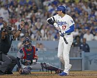 　カージナルス戦の２回、死球を受けたドジャース・大谷＝ロサンゼルス（共同）