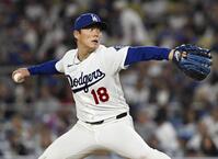 　カージナルス戦に先発したドジャース・山本。７回４失点で勝敗は付かなかった＝ロサンゼルス（共同）