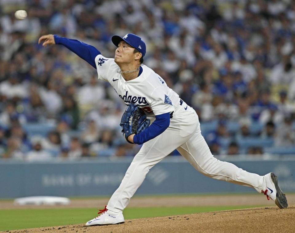　カージナルス戦に先発したドジャース・山本＝ロサンゼルス（共同）