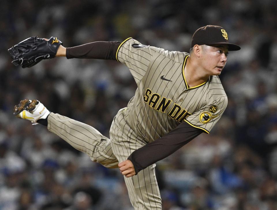 　ドジャース戦の５回に登板し、１回を１安打無失点だったパドレス・松井＝ロサンゼルス（共同）